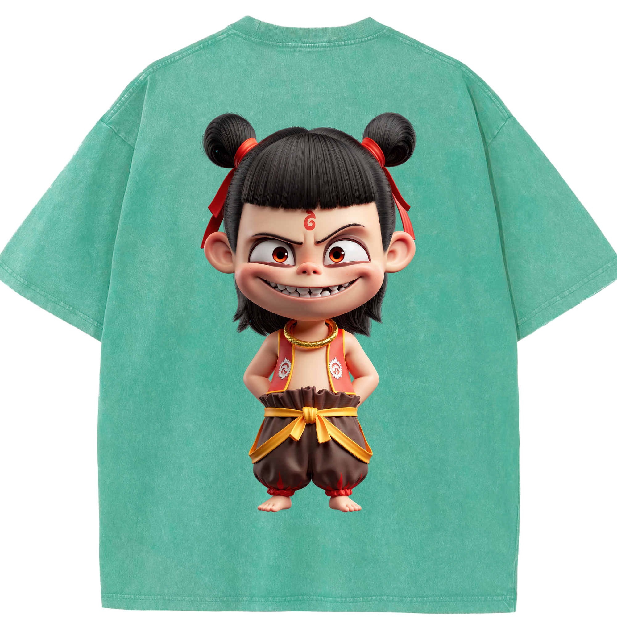 （画像用） Ne Zha 2 ナタ 魔童の大暴れ 綿100% ヴィンテージ風 半袖Tシャツ（背面プリント）